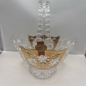Anna Hutte 24% Bleikristall Lead Crystal Floral Candy Basket w/Gold Accents VTG